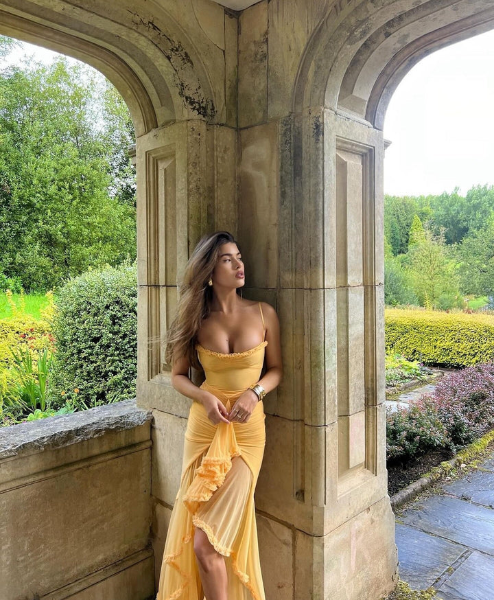 Elegant Ruffle Maxi Dress for women, chic and flowing, ideal wedding guest attire for special occasions.