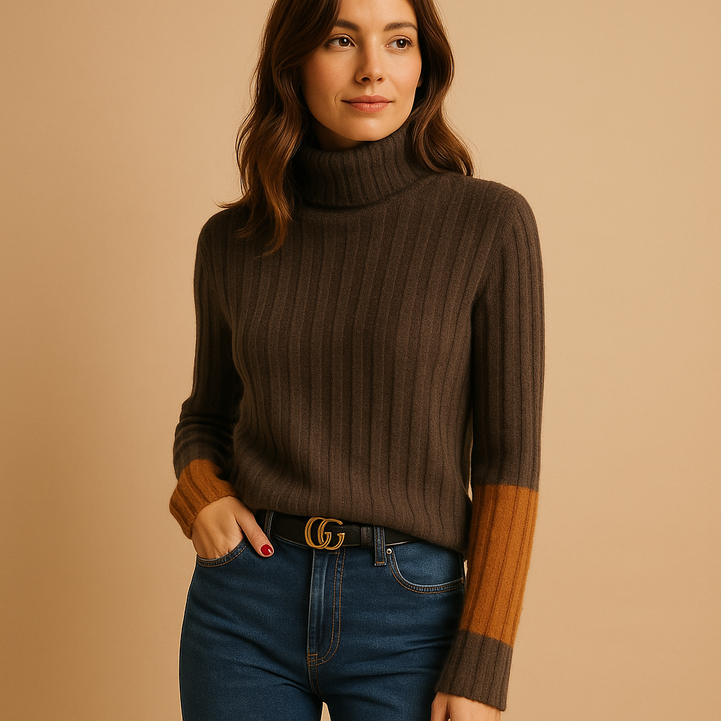 Elegant women's chic turtleneck sweater, slim fit for fall/winter fashion. Versatile long sleeve knit top.