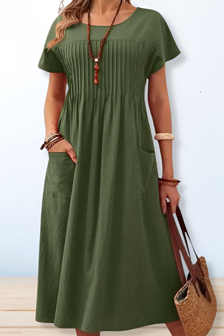 Elegant women's classic A-line midi dress. Flattering silhouette, comfortable for everyday wear. Versatile solid color.
