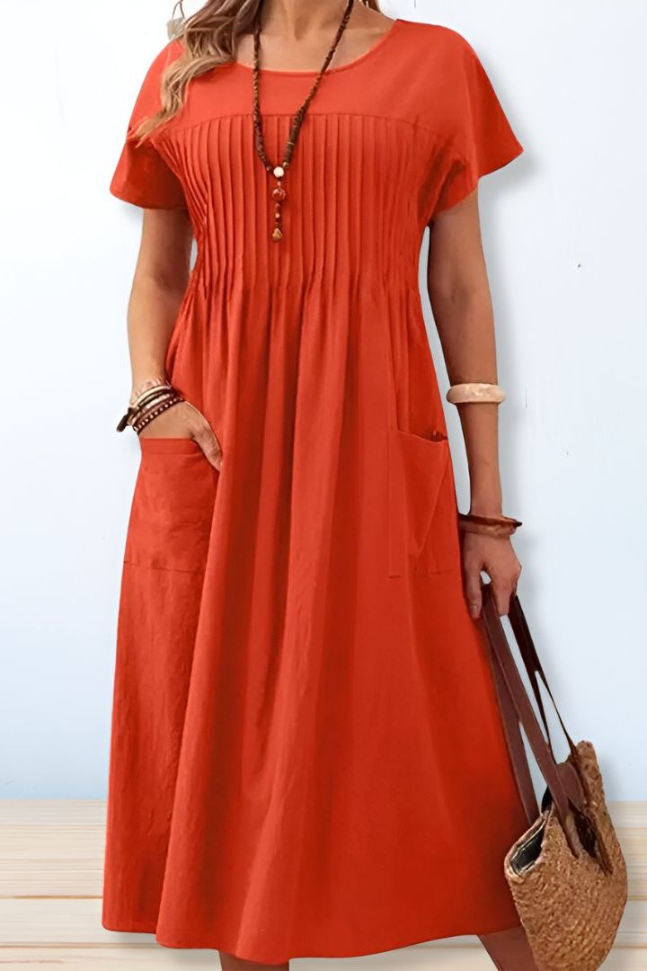 Classic women's A-line midi dress, elegant & flattering. Perfect versatile fashion for everyday or special occasions.
