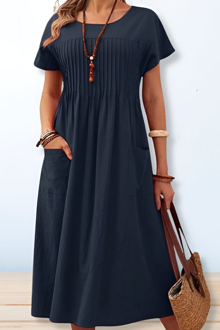 Flattering women's A-line midi dress. Elegant classic style, comfortable fit & easy care solid color for versatile fashion.