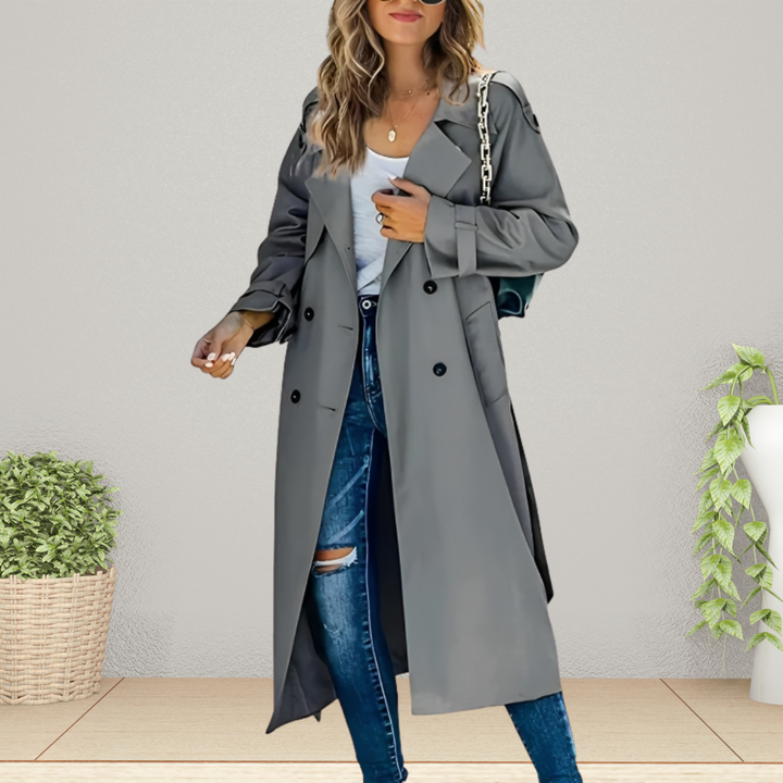 Elegant women's classic double-breasted trench coat for versatile transitional spring & fall outerwear fashion.