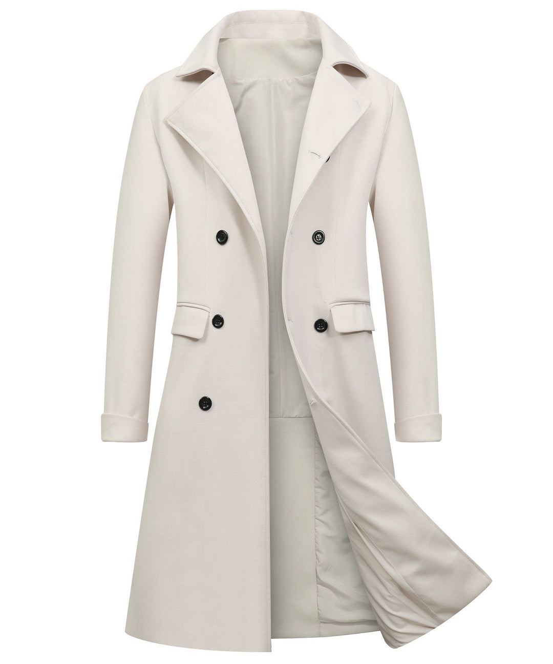 Fashionable women's double-breasted trench coat in white, a versatile outerwear piece for any season.