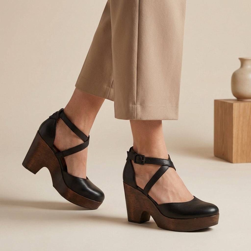 Elegant women's closed-toe block heel shoes with a chic ankle strap for versatile fashion footwear.