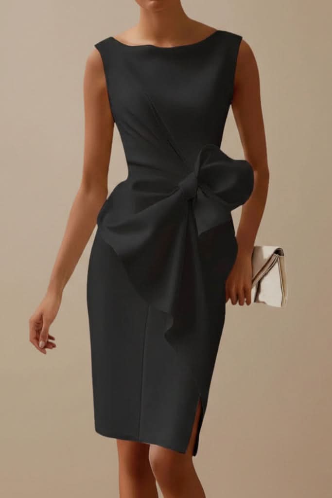 Women's elegant sleeveless midi dress with a dramatic bow back, ideal for any special occasion.