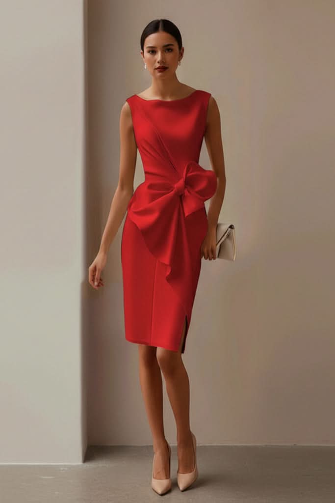 Versatile women's cocktail dress, a formal midi with a dramatic bow back, suited for evening events.