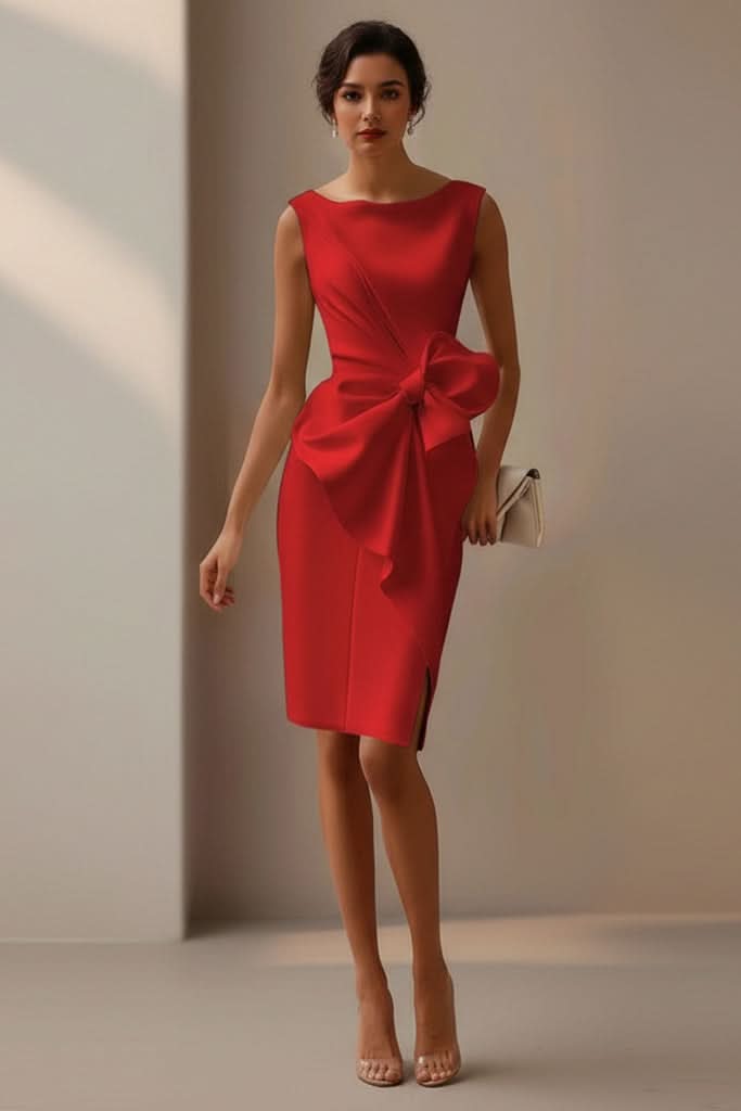 Beautiful women's evening gown, a formal midi cocktail dress with a striking dramatic bow back.