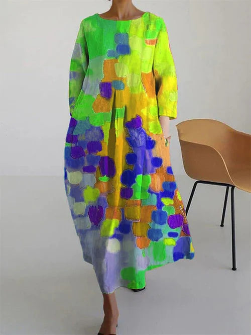 Comfortable long-sleeve color-block maxi dress for women. Stylish and vibrant, ideal for elegant casual summer outfits.