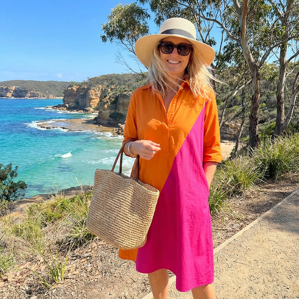 Comfortable women's long sleeve color-block midi dress, button-down style for versatile casual or event wear.