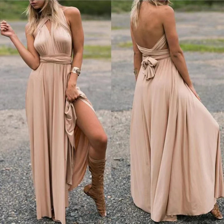 Versatile backless maxi dress for women, styled in multiple elegant ways for summer or vacation.