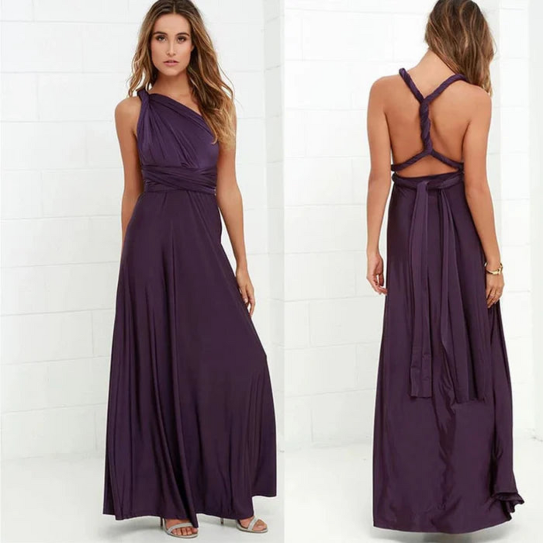 Chic convertible maxi dress with an open back, ideal for cocktail parties or elegant evenings.