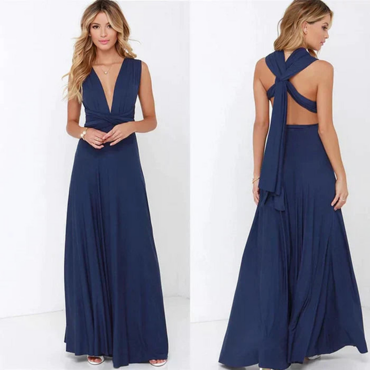 Women's sophisticated backless maxi dress, offering adaptable styling for any elegant occasion.