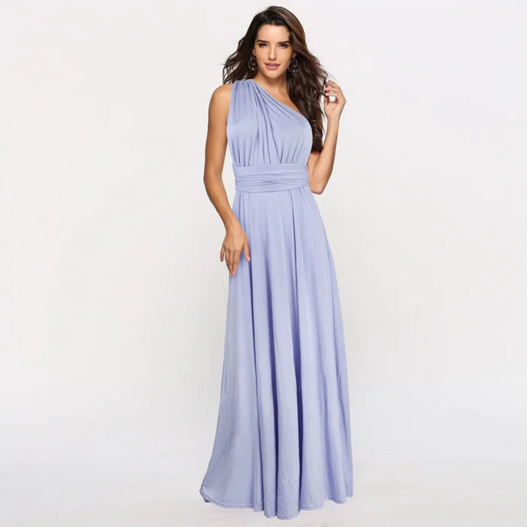 Long elegant backless dress, convertible for various looks, suitable for vacation or summer parties.