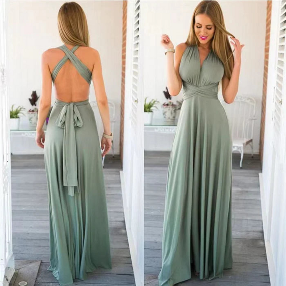 Women's versatile backless maxi dress for elegant styling, perfect as evening or cocktail wear.