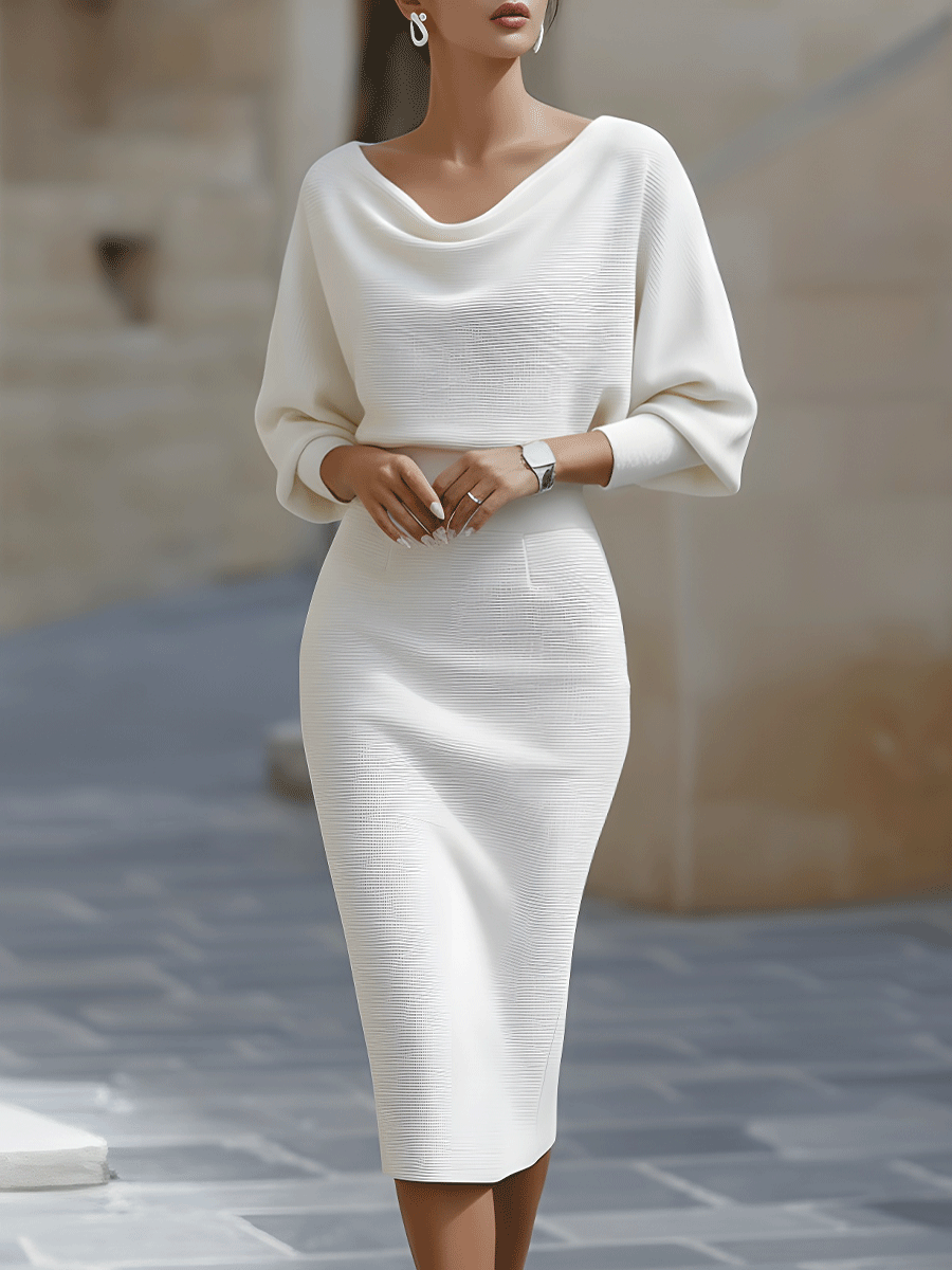 Stylish midi-length bodycon dress for women, featuring a chic cowl neck & sophisticated design.