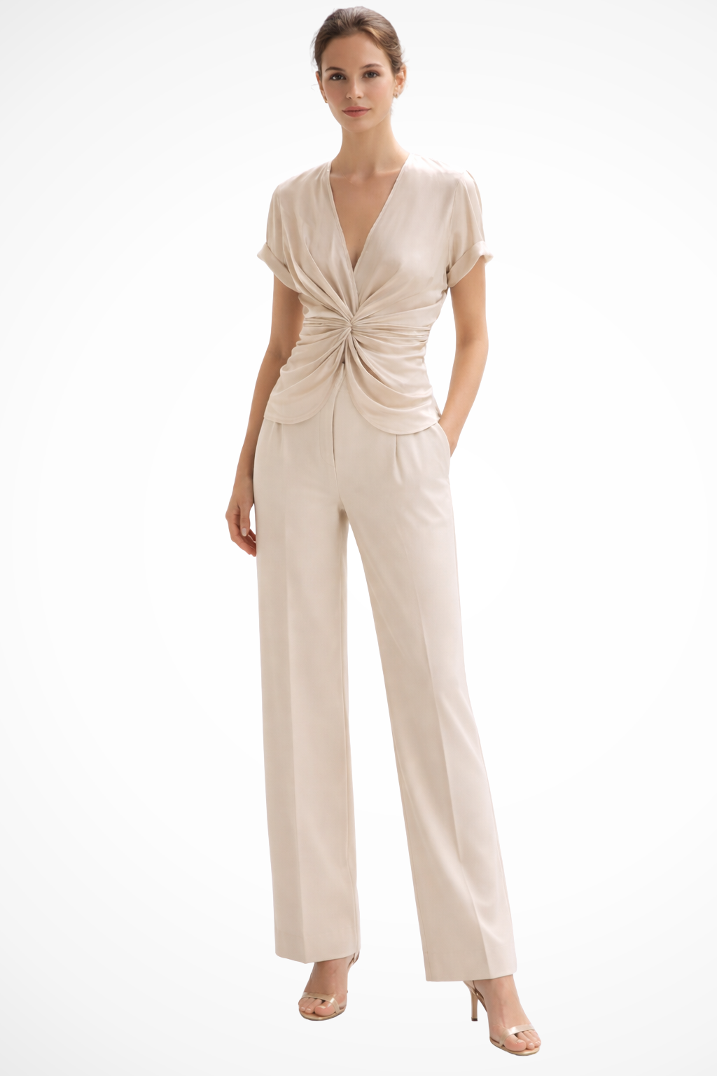 Elegant women's cream V-neck blouse with chic ruched and twist front detail. Perfect for office or formal wear.