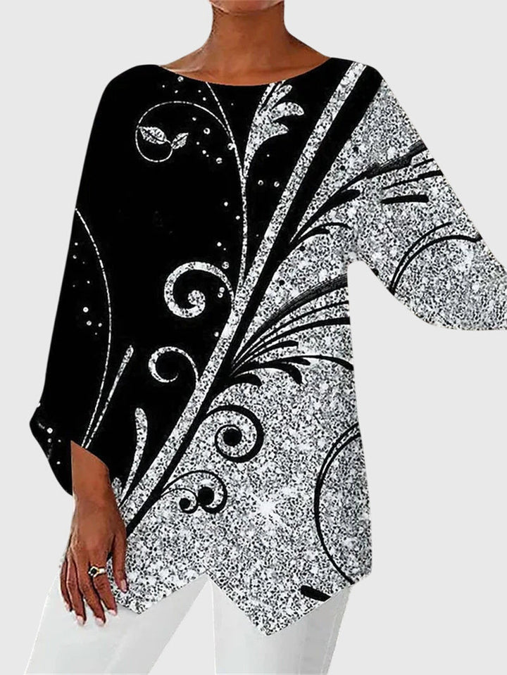 Close-up of a women's elegant crew neck top. Shows quality fabric & design, perfect for versatile everyday style.