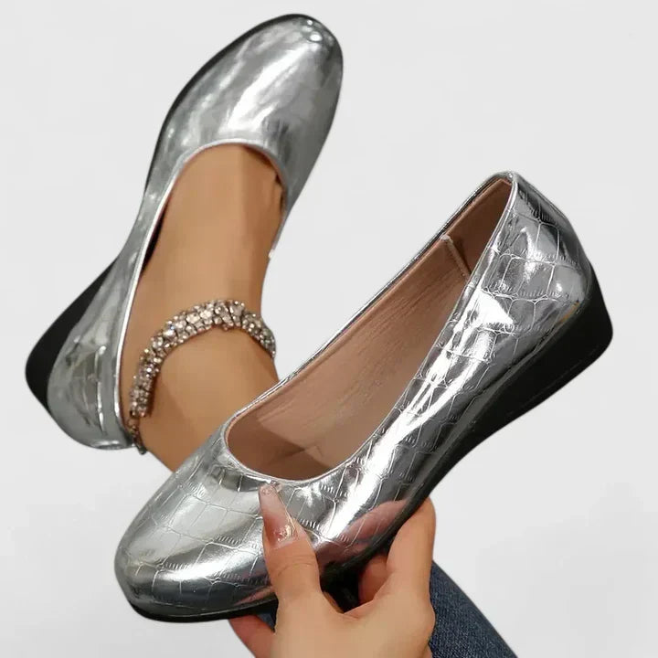 Chic women's croc embossed wedge loafers with a modern square toe, perfect for sophisticated office attire.