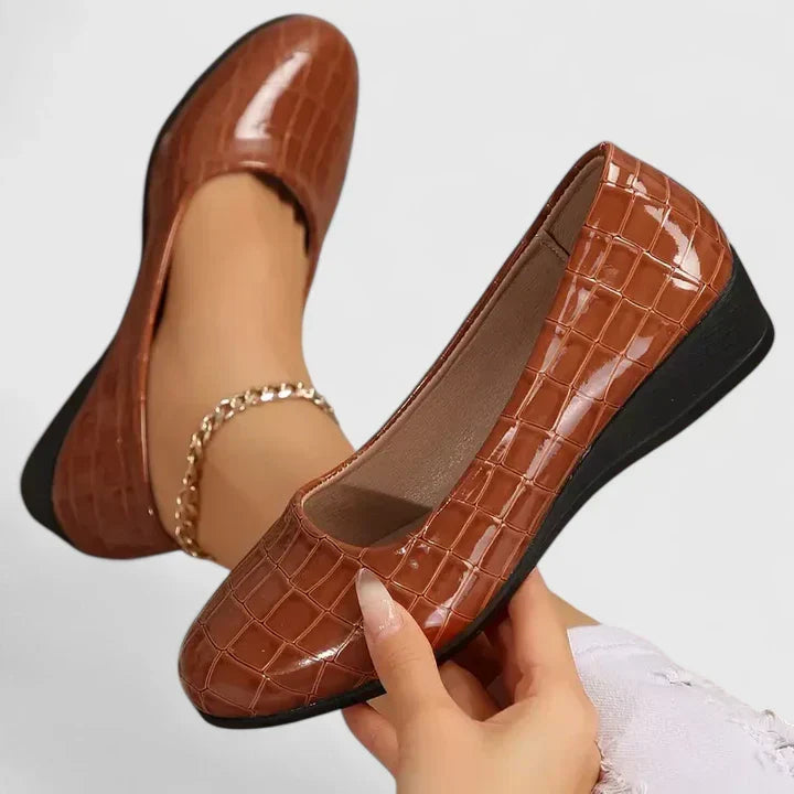 Versatile women's comfort shoes: croc embossed square toe wedge loafers for an elegant, slip-on style.