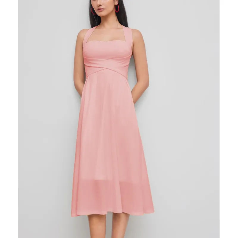 Elegant women's cross-waist midi dress with square neckline. Perfect A-line sleeveless summer dress for any occasion.
