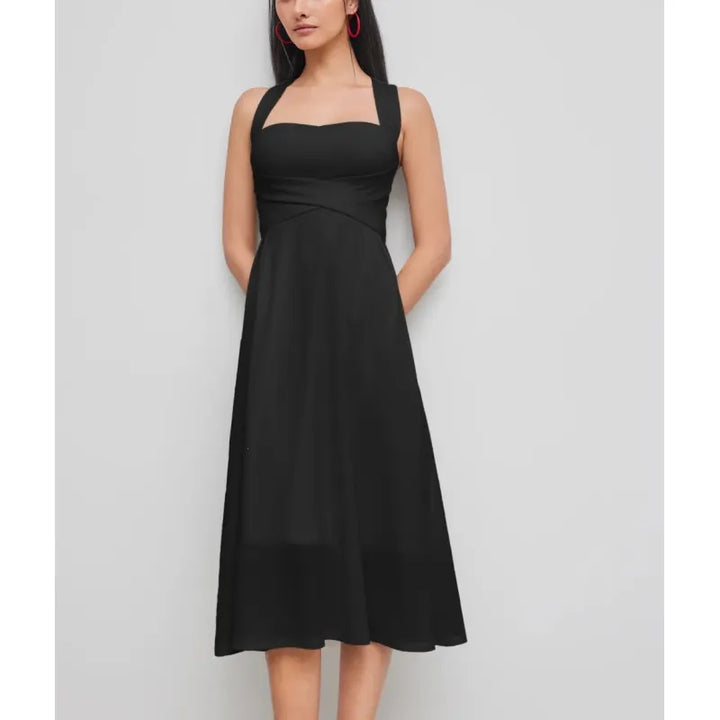 Chic women's midi dress. Flattering cross-waist design and elegant square neckline. Versatile sleeveless A-line fit.