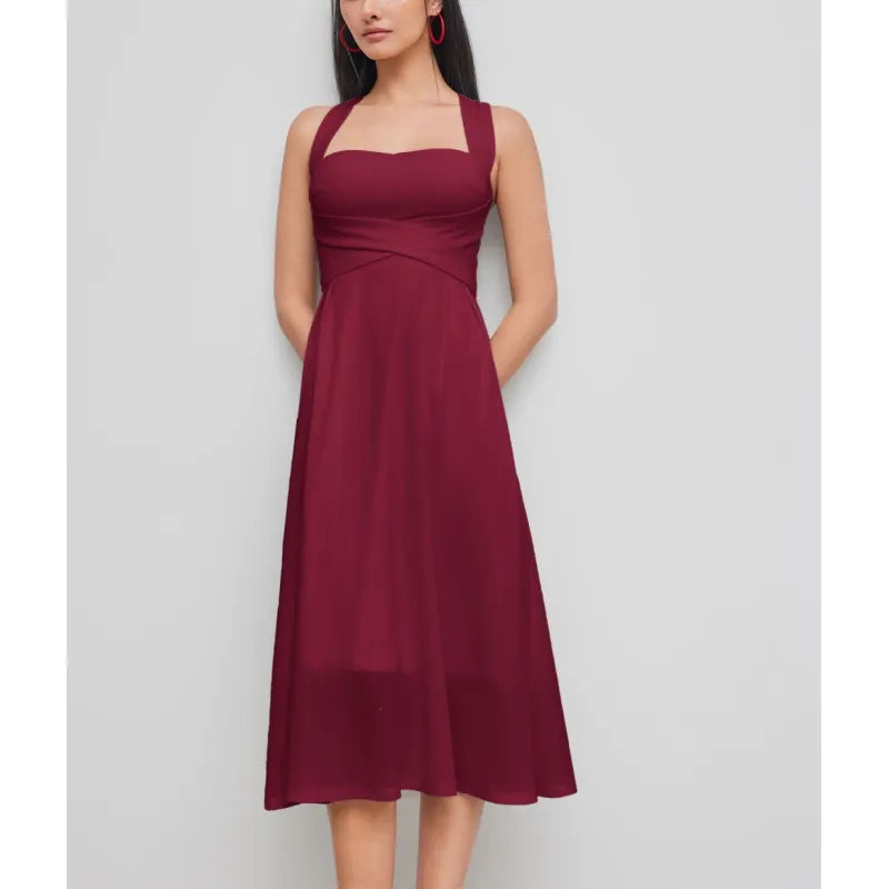 Stylish A-line midi dress for women. Features a flattering cross-waist and square neckline. Ideal elegant occasion or summer dress.