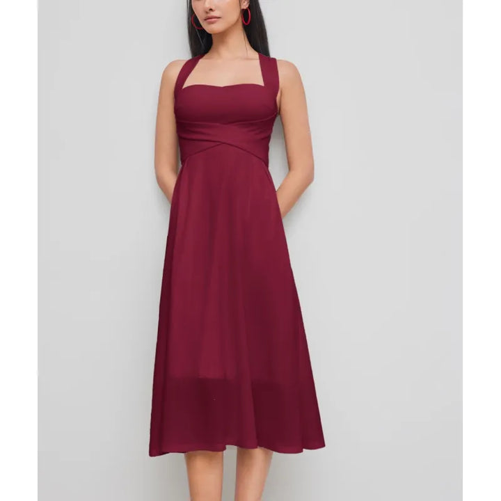 Stylish A-line midi dress for women. Features a flattering cross-waist and square neckline. Ideal elegant occasion or summer dress.