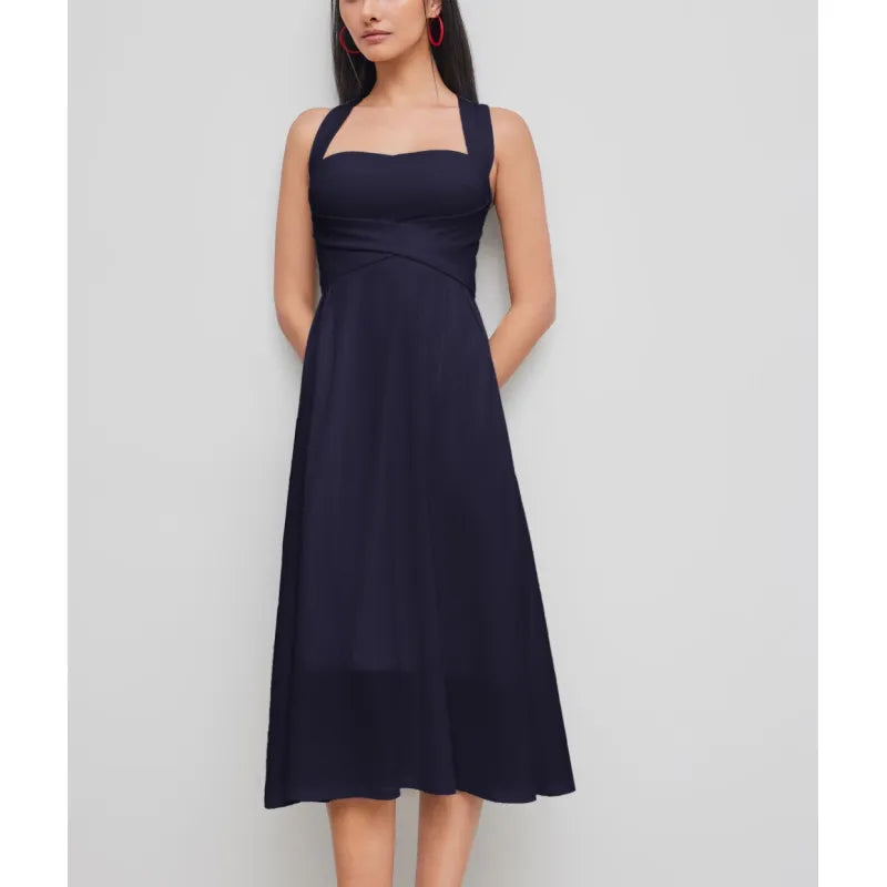 Flattering women's midi dress with an elegant cross-waist and square neckline. Chic sleeveless A-line design for summer comfort.