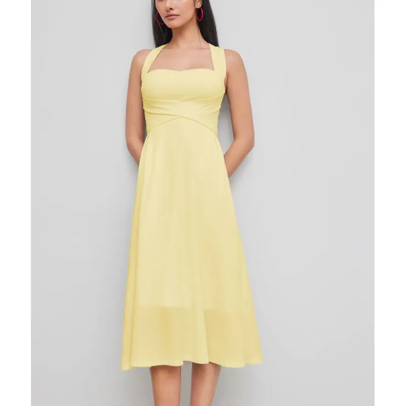 Sleeveless elegant midi dress for women with a unique cross-waist and stylish square neckline. Flattering A-line summer dress.