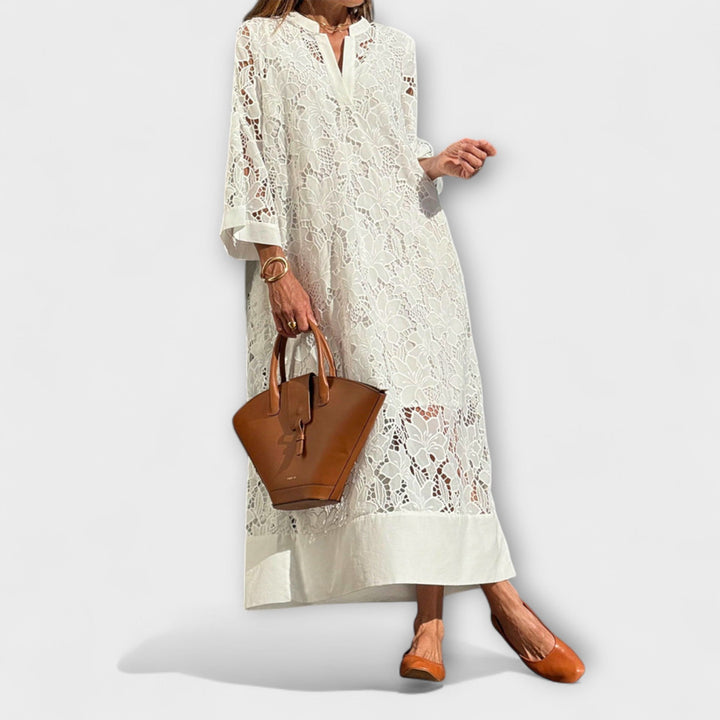 Elegant women's Dahlia floral embroidered dress with short sleeves, perfect for special occasions & summer events.