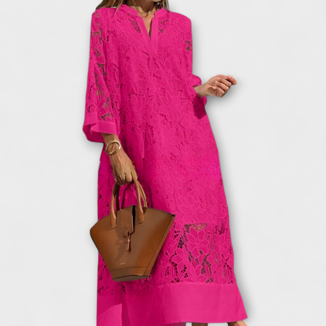 Beautiful women's floral embroidered dress, Dahlia design, for weddings, parties & special summer gatherings.