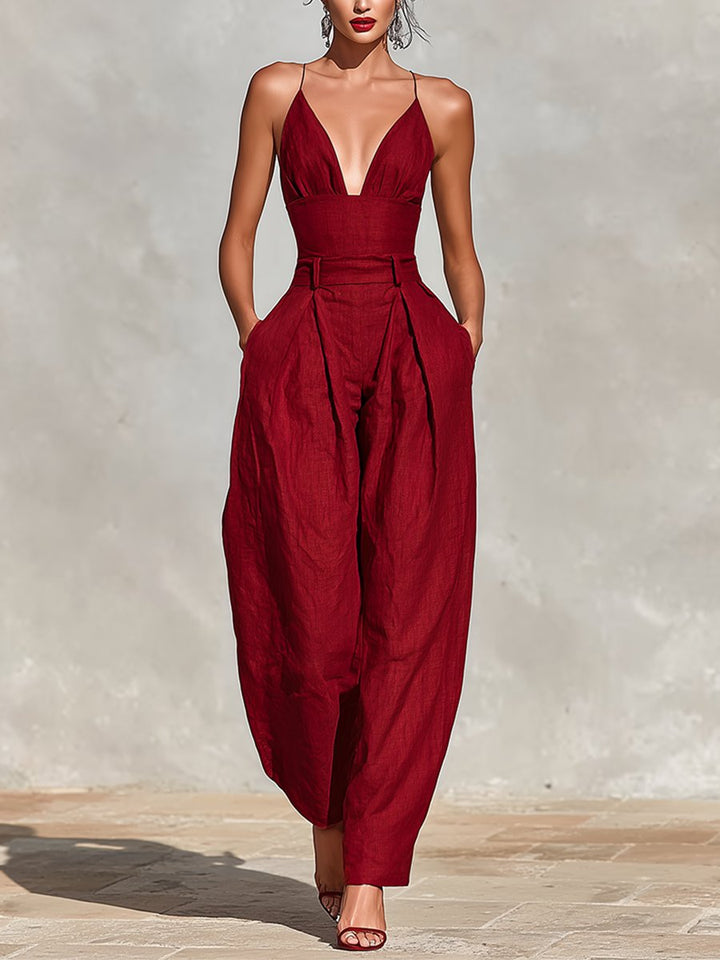 Elegant women's deep V-neck wide leg formal jumpsuit, perfect for special occasions & evening wear.