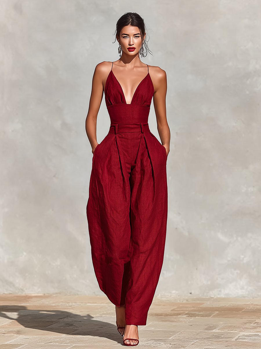 Chic red women's formal deep V-neck wide leg jumpsuit, ideal for parties & resort wear.