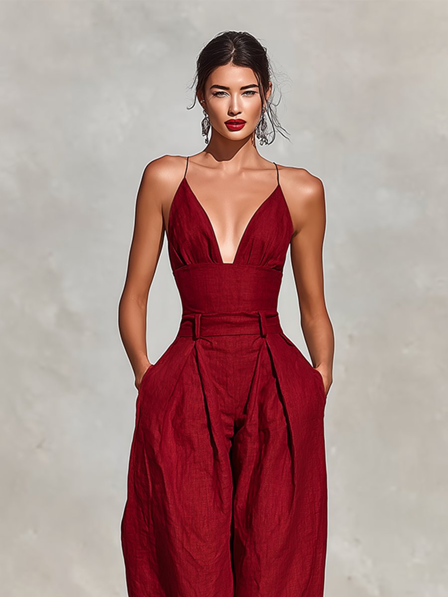 Sophisticated green women's sleeveless wide leg jumpsuit with deep V-neck for formal events.