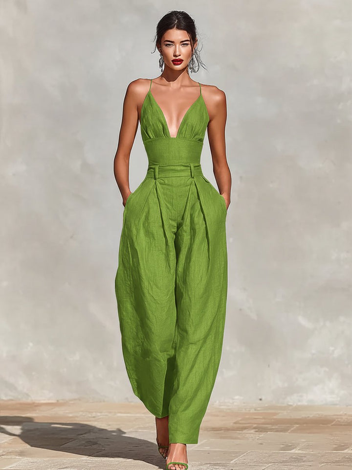 Formal women's deep V-neck wide leg jumpsuit, excellent for special occasions, parties & events.