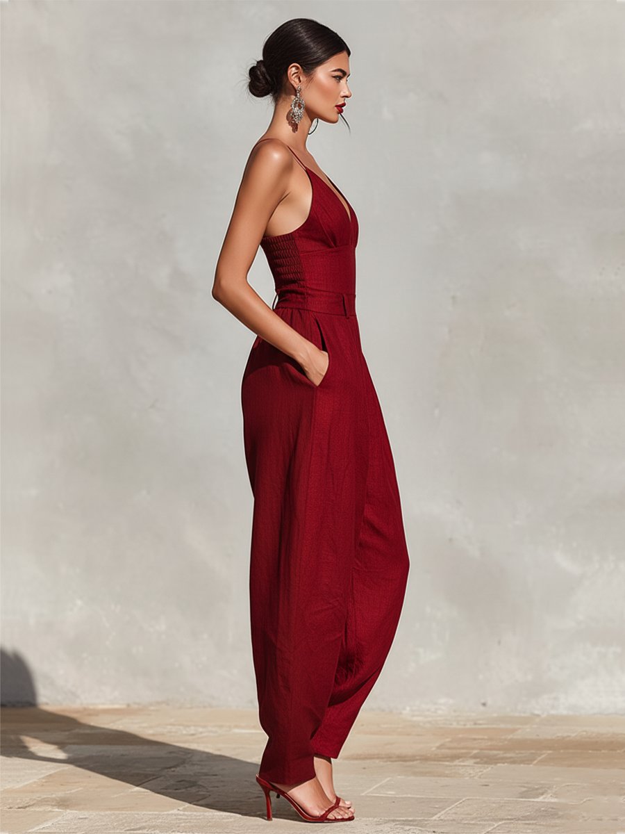 Comfortable & chic women's deep V-neck wide leg formal jumpsuit for elegant special occasion wear.