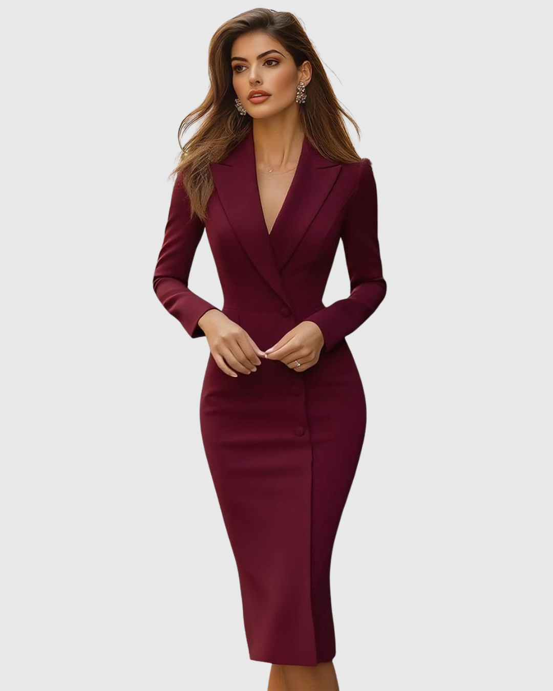 Elegant double-breasted midi blazer dress for women, offering a sophisticated and polished style.