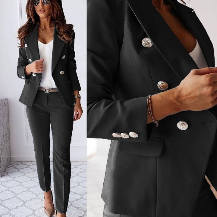 Elegant women's double-breasted suit set, perfect for office & formal events. Chic tailored blazer & trousers.