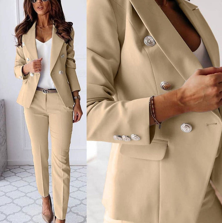 Professional women's double-breasted blazer, a key piece of this sophisticated suit set for business fashion.