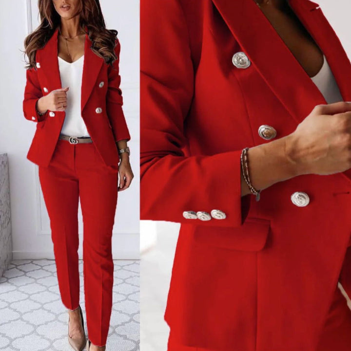 Tailored women's trousers, part of an elegant two-piece suit set, ideal for professional attire & events.