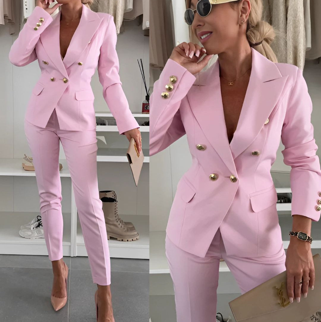 Chic women's suit set featuring a double-breasted blazer & matching pants, exuding sophisticated style.