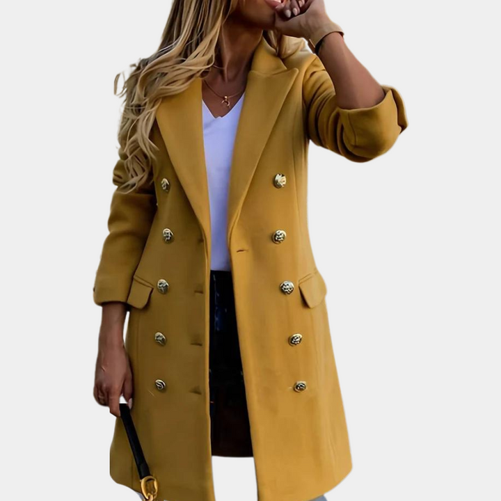 Elegant women's double-breasted trench coat with a cinched waist, perfect for workwear & fall fashion.