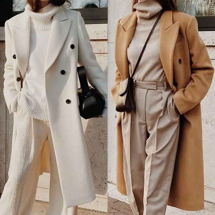 Elegant women's double-breasted trench coat with a chic notch collar, perfect for workwear & fall fashion.