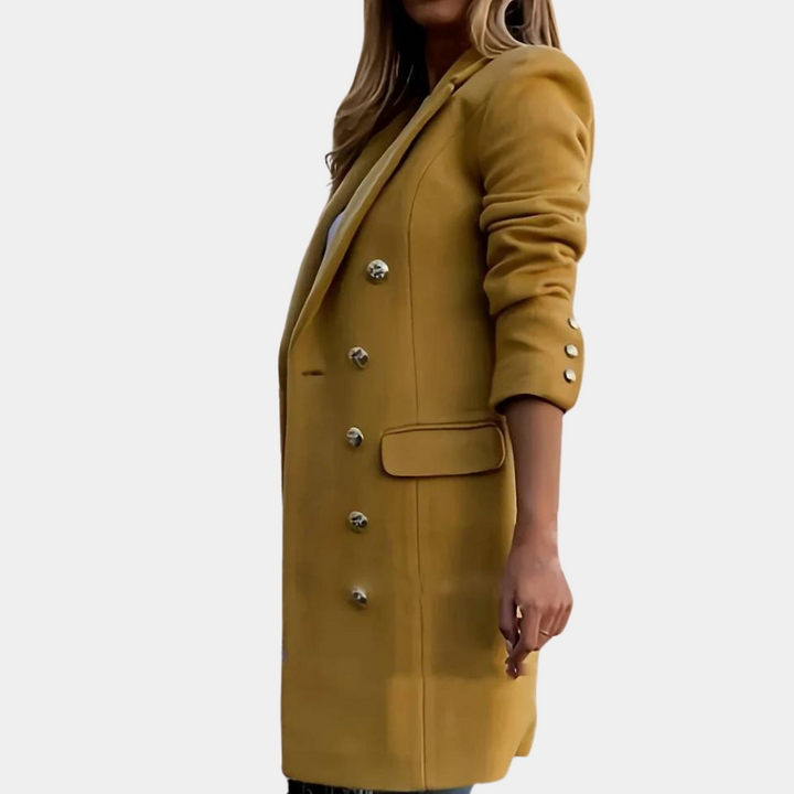 Classic women's trench coat, double-breasted with a cinched fit, ideal versatile outerwear for office & fall.