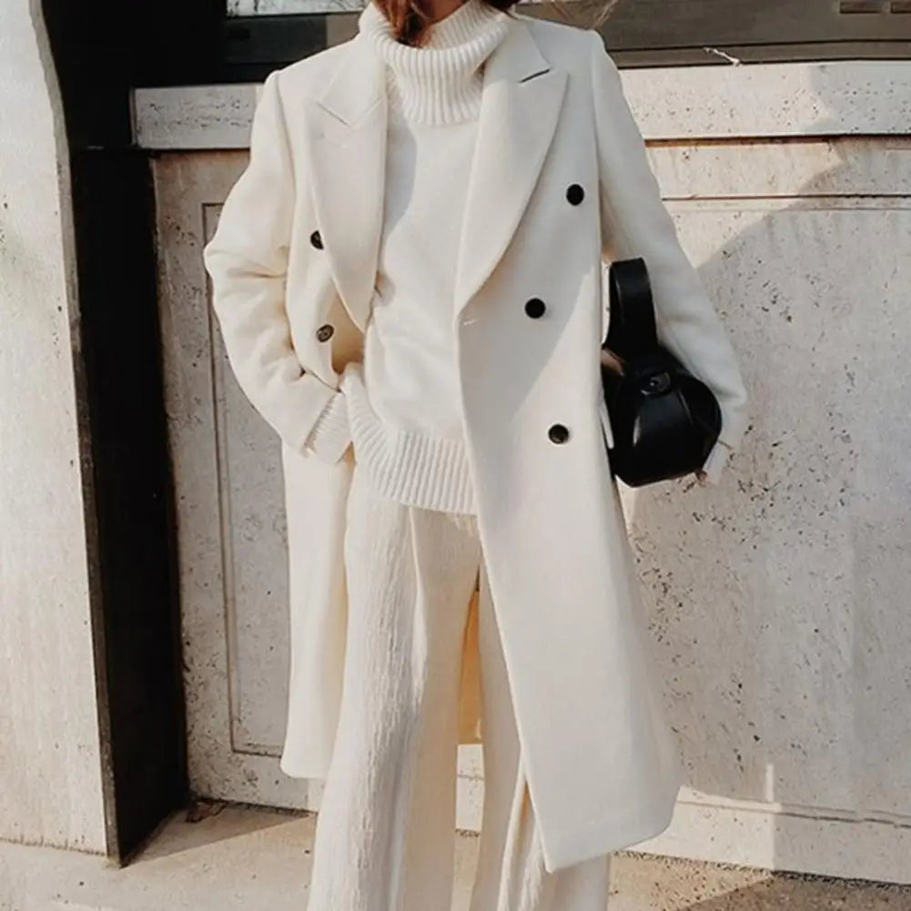 Women's double-breasted trench coat featuring a sophisticated notch collar, ideal for office attire & stylish outerwear.