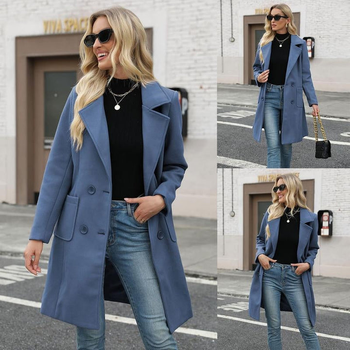 Elegant women's double-breasted wool blend mid-length coat in classic style, perfect for winter and fall.