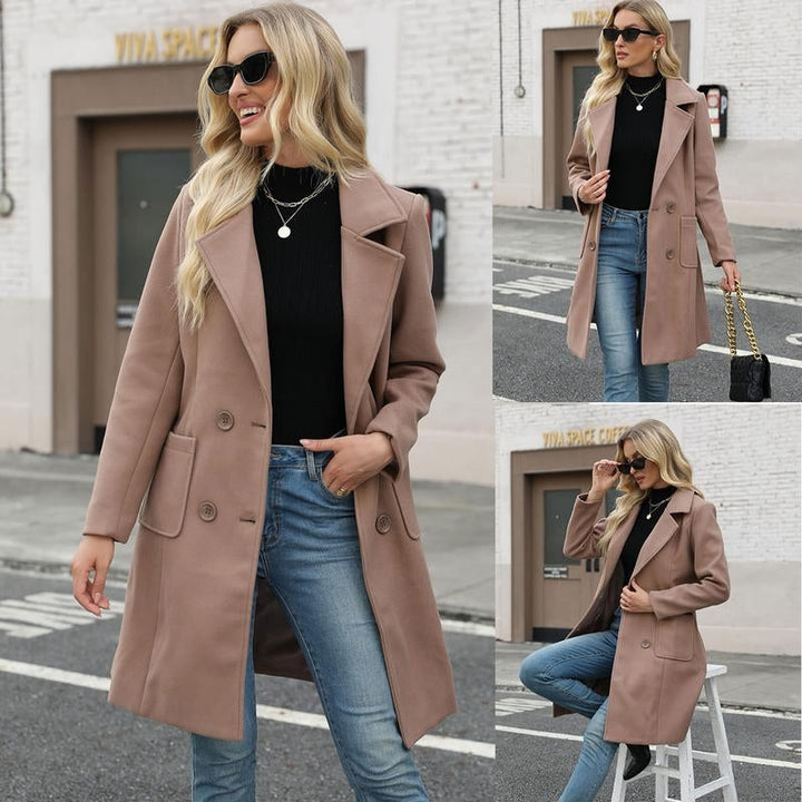 Sophisticated women's wool blend double-breasted coat, mid-length, ideal for elegant winter or fall outfits.
