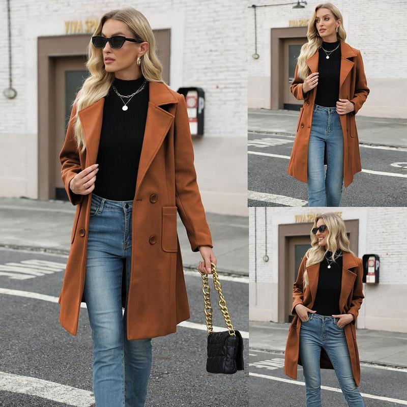 Stylish women's mid-length double-breasted wool blend coat, a timeless and elegant choice for cold weather.