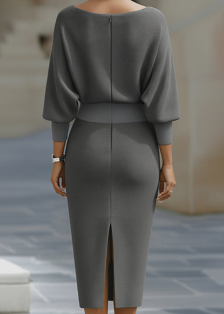 Softly draped women's batwing midi sheath dress, elegant cowl neck. Comfortable yet chic for any occasion.