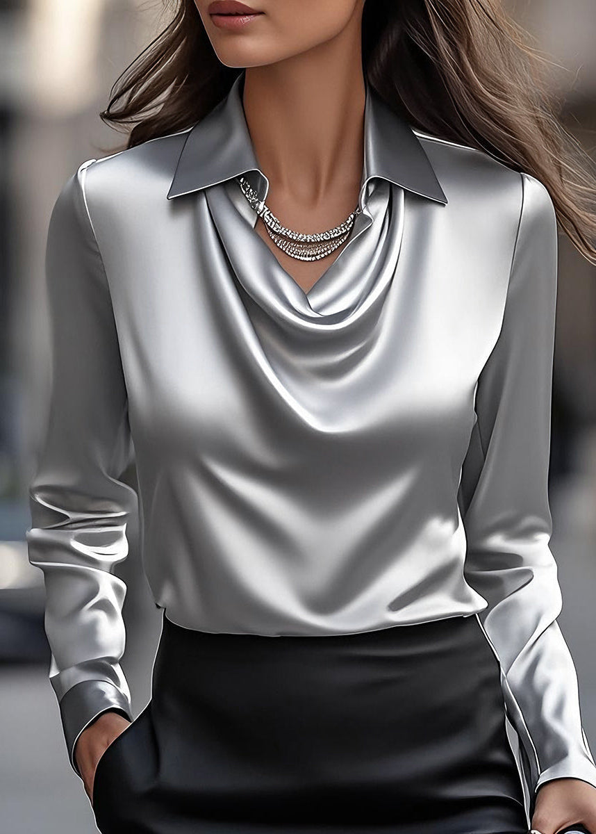 Professional women's blouse: elegant draped cowl neck, classic collar, long sleeves for office fashion.